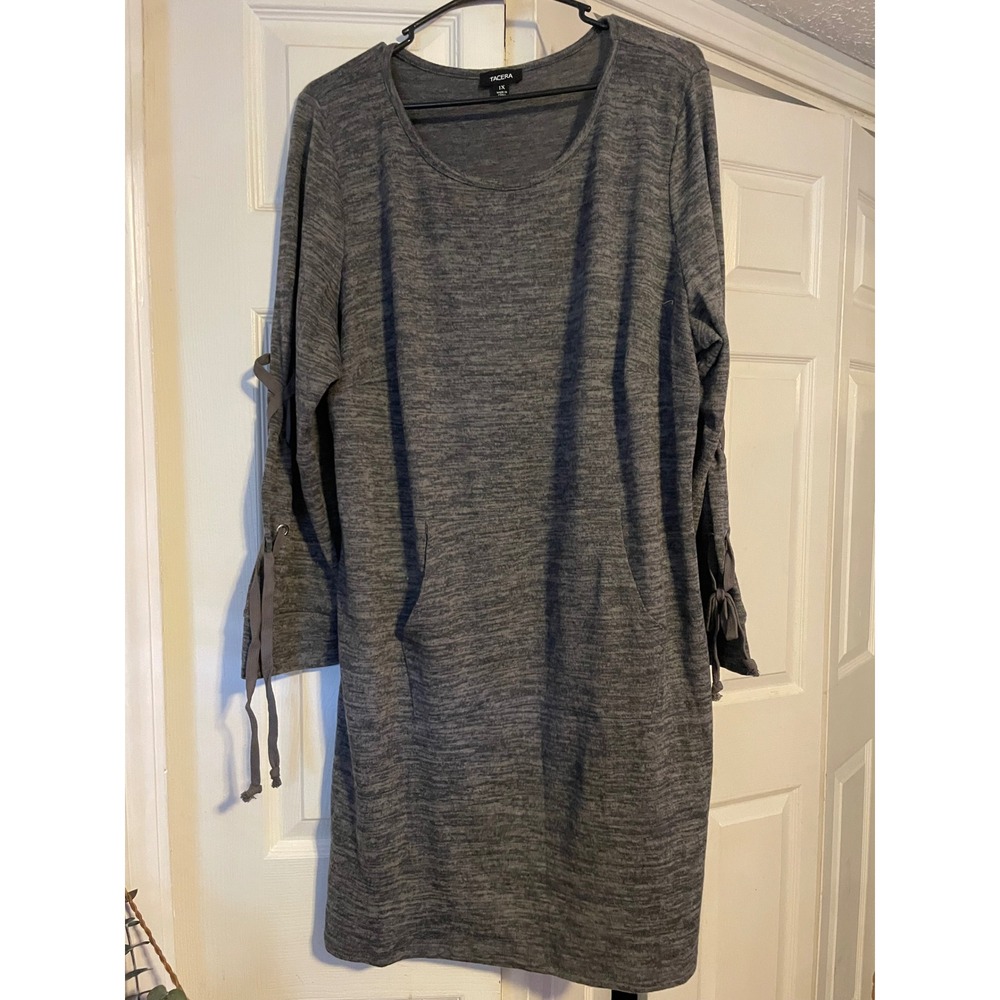 Tacera Womens 1X Gray Heathered Knit Lace Up Sleeve Pocket Shift Dress